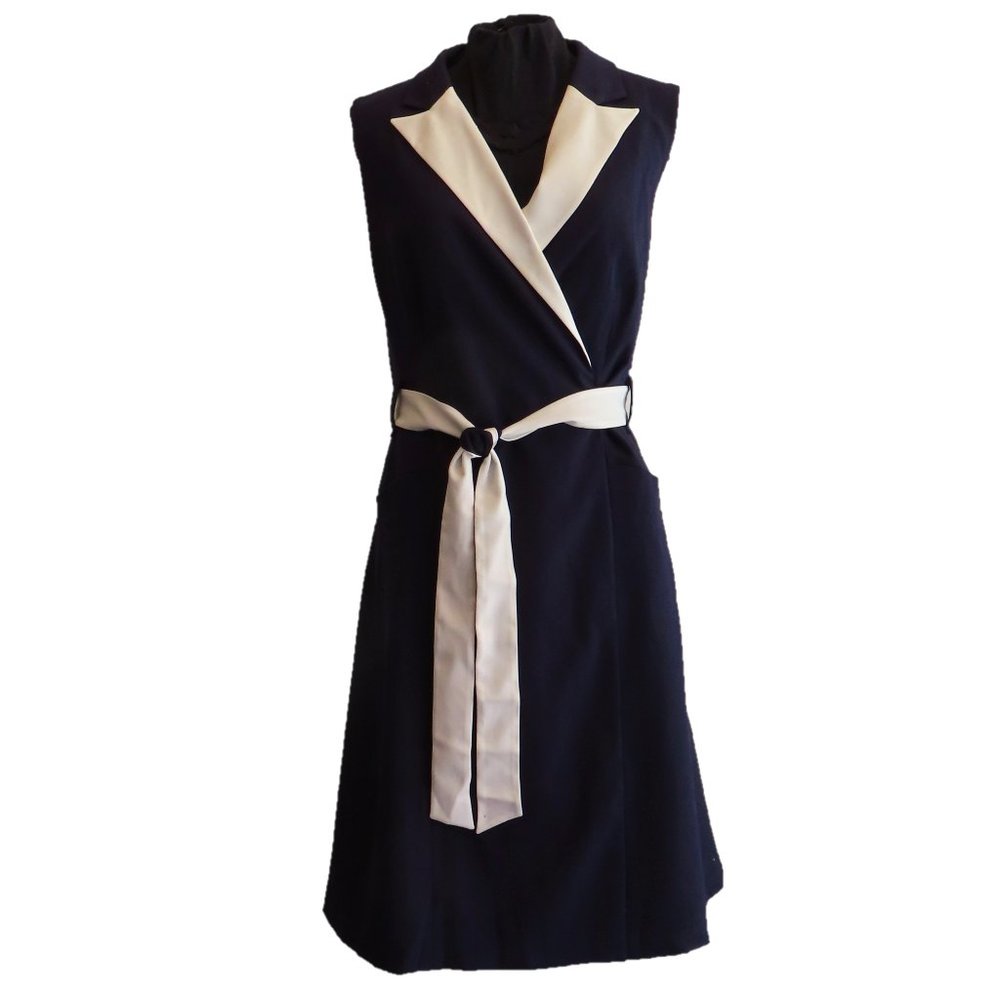 Wrap Dress for Work/Business, Navy & White, Calvin Klein, Belted, Pockets ❧